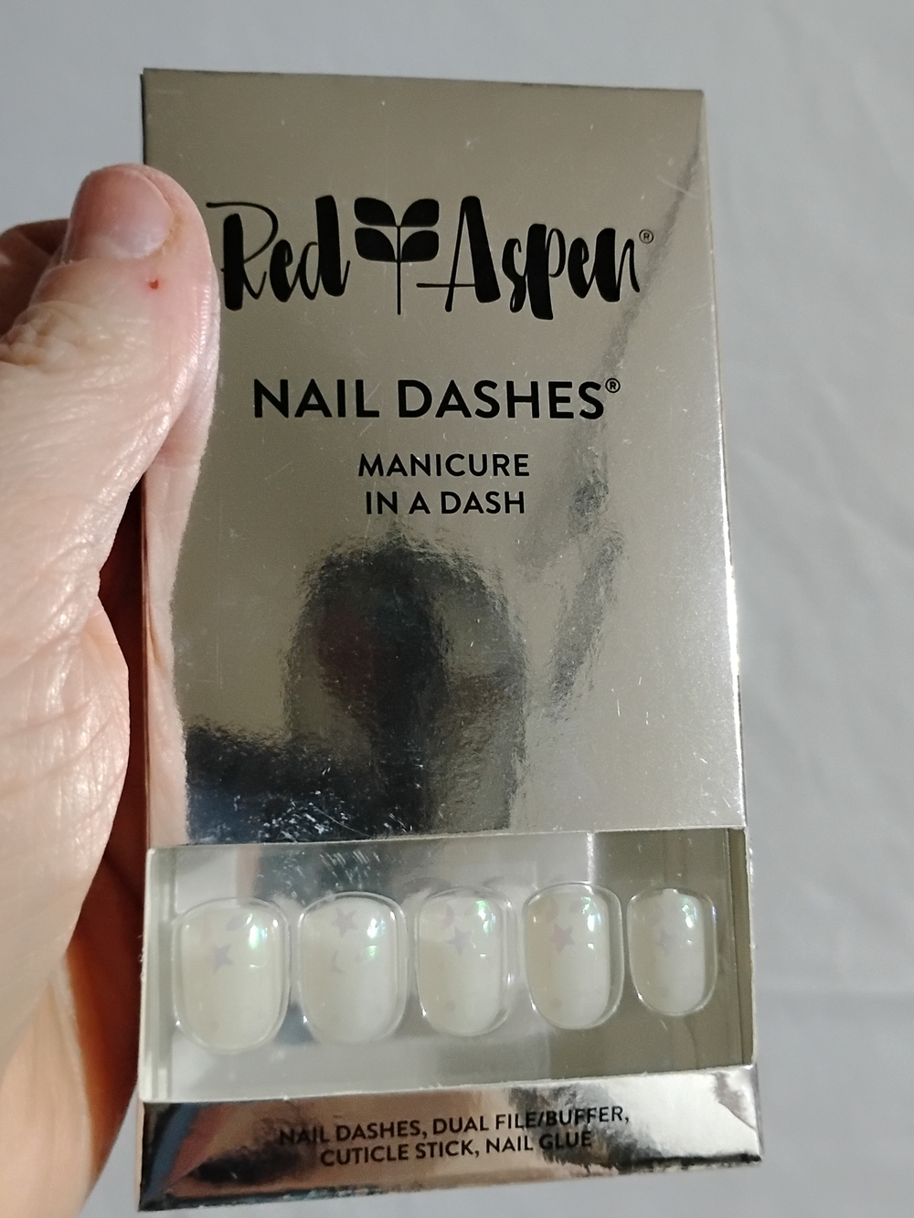 Red Aspen Nail Dashes White Iridescent Star Press-On Nails Sequins For Bets NEW